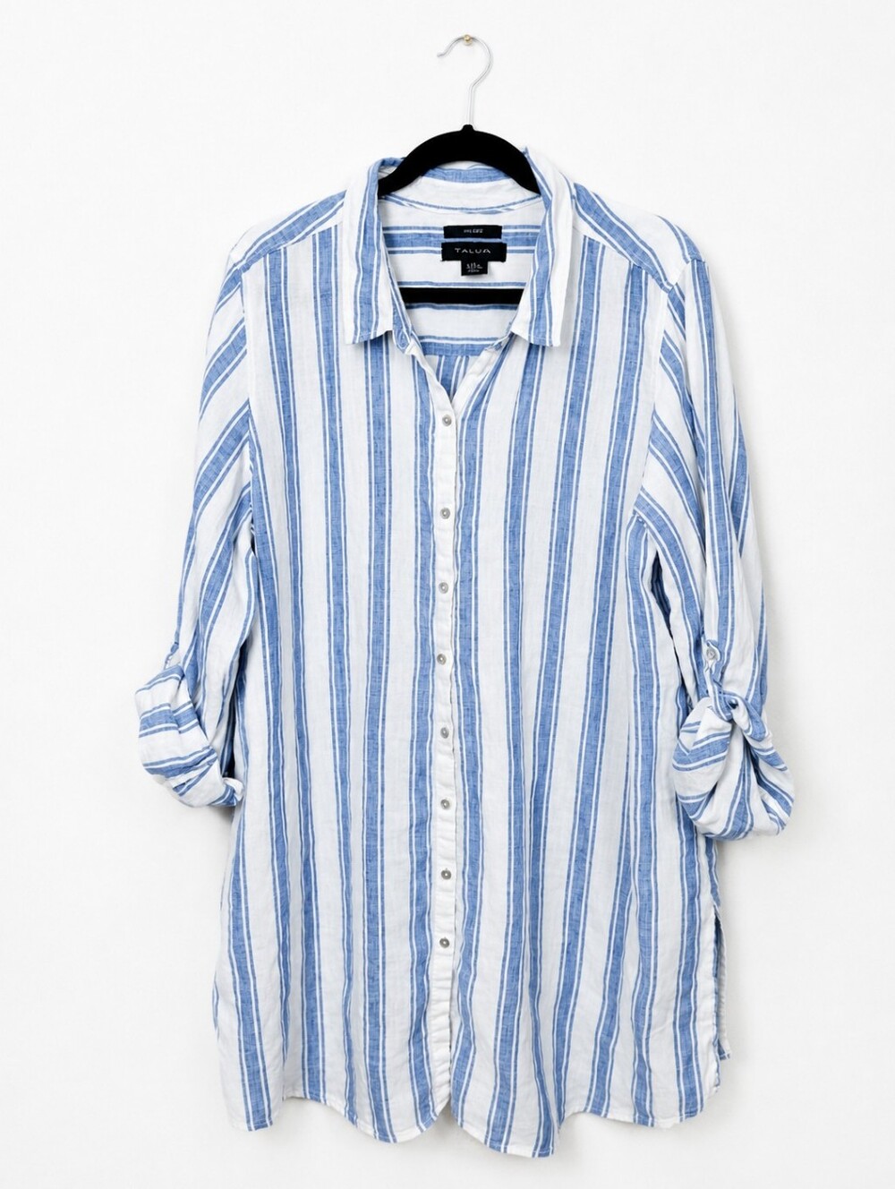 TAHARI 100% Linen Striped Button Up Tunic Shirt 2X Blue White Coastal Plus